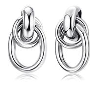 Aretes Dochais declaración plata, en plata 925 chapada en oro 14K hipoalergénica, aretes de nudo plateados, criollas plateadas chunky, aretes geométricos, joyería de plata regalo para damas y mujeres.