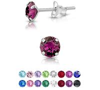 Aretes Pequeños Plata de Ley 925 con Cristales Swarovski Elements Redondos - Pendientes Mujer de Colores - Aretes Pequeños Plata de Ley 925 - Diámetro 5 mm - Pendientes Amatista