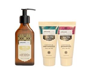 ARGANICARE | Gama Ricin | Suero protector 100 ml + Champú 50 ml + Mascarilla 50 ml | Con aceite de ricino ecológico | Cuidado del cabello | Alimentar | Refuerce | Hidrata | Todo tipo de cabello