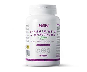 Arginina y Ornitina de HSN | 120 Cápsulas Vegetales 1000 MG L-Arginina y 500 MG L-Ornitina por Dosis Diaria | Aminoácidos Vegetales Puros con Zinc + Vitamina B6 y B1 | No-GMO, Vegano, Sin Gluten