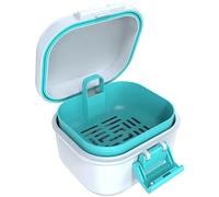 ARGOMAX Caja de prótesis a prueba de fugas, caja portátil para prótesis dentales, caja de dentaduras con colador, para prótesis dentales y aparatos ortopédicos (blanco + cian).