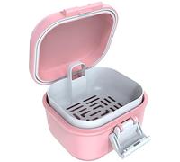 ARGOMAX Taza de baño a prueba de fugas, estuche de limpieza de dentadura de viaje con colador, caja de limpieza de retenedor portátil para alineador de remojo y soporte de dentadura (rosa + blanco).