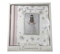 Arguval, Libro Comunión niña flores con marco de foto, tapa acolchada con UVI| Medidas Libro 29 x 24 cm y 44 páginas, Recuerdo, Album Fotos, Regalo comunión