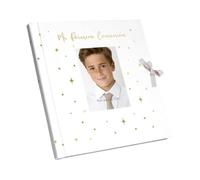 Arguval, Libro Comunión niño con marco de foto, tapa acolchada con gold stamping | Medidas Libro 29 x 24 cm y 44 páginas, Recuerdo, Album Fotos, Regalo comunión