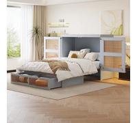 Arhatreya Armario cama de 140 x 200 cm, cama de pared con somier, cama plegable de pared con cajones de almacenamiento, diseño de ratán, cama individual de madera para salón, dormitorio (sin colchón