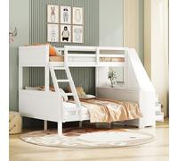 Arhatreya Cama infantil 90/140 x 200 cm, litera con mesa, cama de madera con barandilla alta, cama con gran espacio de almacenamiento, posición de escalera opcional (sin colchón), color blanco