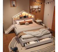 Arhatreya Cama tapizada de 140 x 200 cm con luz LED, color beige | Cama de casa acolchada con tobogán flexible, puerto de carga USB y gran cajón para un almacenamiento práctico