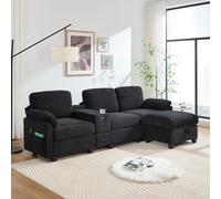 Arhatreya Sofá de 3 plazas moderno con consola central extraíble, sofá de 3 plazas con conector USB-C y taburete, sofá tapizado con cajón de almacenamiento para dormitorio, apartamento, pana, negro