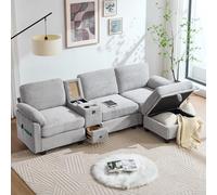 Arhatreya Sofá de 3 plazas moderno con consola central extraíble, sofá de 3 plazas con conector USB-C y taburete, sofá tapizado con cajón de almacenamiento para dormitorio, apartamento, pana, gris