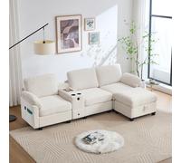 Arhatreya Sofá de 3 plazas moderno con consola central extraíble, sofá de 3 plazas con conector USB-C y taburete, sofá tapizado con cajón de almacenamiento para dormitorio, apartamento, pana, beige
