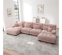 Arhatreya Sofá de 4 plazas en forma de U para invitados, moderno, sofá de 4 plazas con 2 reposapiés, cómodo acolchado, sofá esquinero para salón, dormitorio, apartamento, tela de chenilla, rosa