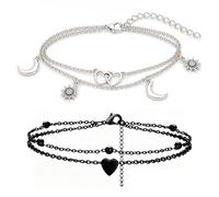 ARHZ Bohemia Pulseras Tobilleras Mujer - Metal Doble Piso Cadena para el tobillo - Tobillera con Cuentas De Sol Luna Corazón - Accesorios De verano Playa para Damas y Niñas （3 piezas,C）