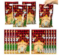 ArianQicult 50 bolsas de regalo de fiesta cristiana de Navidad de Jesús, cardenal búfalo a cuadros, decoración de fiesta temática de noche santa para suministros de fiesta de cumpleaños de Navidad