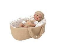 Muñecas Arias Muñeca Elegance Babyto 33 cm, vinilo, vestido marrón y blanco, capazo y chupete