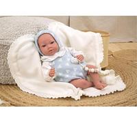 ARIAS - Muñeco Reborn Ian de 40 cm, con Manta Blanca, bebé con Cuerpo de Vinyl, pelito Rubio, ropita Blanca y Rosa, Chupete y chupetero, Juguete para niños Desde +3 años (ARI98142)
