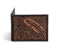 ARIAT Cartera plegable para hombre de piel auténtica con diseño de plumas en relieve, color marrón, Marrón, Talla única