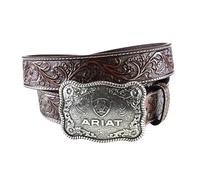 ARIAT Cinturón de cuero con relieve floral para hombre con hebilla vaquera plateada envejecida, Negro/Bronceado, 34
