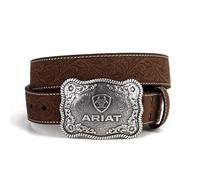 ARIAT Cinturón de piel auténtica de corteza envejecida para hombre con estampado floral y hebilla de logotipo plateado envejecido, Corteza añejada, 34