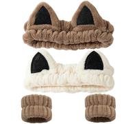 Aribliseza Bandana para Niñas, 4 Piezas, Banda para el Cabello Cosmética y Muñequera, Juego de Diadema con Orejas de Gato Dulces para Spa y Muñequera para Cuidado Facial, Maquillaje y Cuidado de la