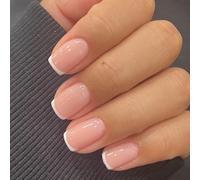 Aribliseza French Nägel, 24 piezas Uñas Postizas Cortas, Uñas Falsas, Uñas para Pegar French, Nude con Borde Dorado Redondeadas