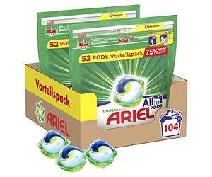 Ariel Detergente Pods All-in-1, 104 lavados, brillante, puro, lavado respetuoso con el medio ambiente, 104 unidades