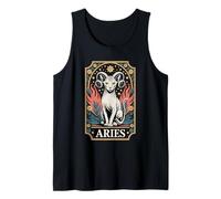 Aries Cat Zodiac Ram Cuernos Fuego Flores Estrellas Camiseta sin Mangas