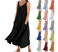 Arispjct - Vestido largo de verano de algodón y lino para mujer 2025, vestido bohemio fluido sin mangas de talla grande, vestido holgado y cómodo con bolsillos, B-Negro, S