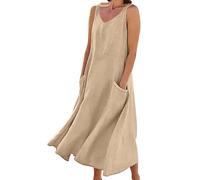 Arispjct - Vestido largo de verano de algodón y lino para mujer 2025, vestido bohemio fluido sin mangas de talla grande, vestido holgado y cómodo con bolsillos, beige (A-Beige), XL