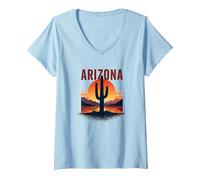 Arizona Desert Sunset - Póster de Viaje Retro de Cactus Camiseta Cuello V, Mujer, Azul Bebé, S