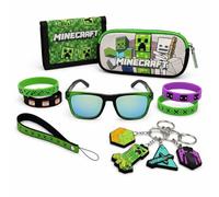 ARKAID Minecraft Mega - Juego de regalo para niños, más de 10 piezas, incluyendo cartera de tres pliegues, gafas de sol UV 400, funda protectora, 4 pulseras más llavero con 4 dijes oficiales de