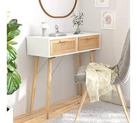 ARKEM Mesa Consola Mesa Auxiliar Consolas recibidores Entrada Mesa de Salon Mueble recibidor Madera Pino Maciza Blanco ratán Natural 80x30x75cm