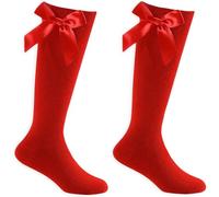 ArkXani 3 pares de calcetines hasta la rodilla para niñas, calcetines largos de algodón con lazos de cinta esponjosos, cómodos uniformes de vuelta a la escuela, uso diario, rosso, 7-10 años