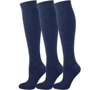 ArkXani® 3 pares de calcetines hasta la rodilla para niñas, de algodón, para fiestas, para el regreso a clases, ajuste cómodo, calcetines largos para niños de 2 a 14 años, azul marino, 7-10