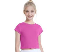 ArkXani Top corto de manga corta para niñas y niñas, color liso, elegante y ligero, informal, para gimnasia, danza, juego activo, moda para todos los días (edad 5-12 años), Rosa, 7-8 Years