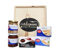 ARLEQUÍN Cesta Gourmet para Regalar con Anchoas de Santoña, Bonito en Aceite de Oliva, Filetes de Melva en Aceite de Oliva, Pimientos de Isla y Ventresca de Atún Claro en Aceite de Oliva