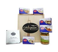 ARLEQUÍN Cesta Gourmet para Regalar con Anchoas de Santoña Platinum, Almejas y Navajas al Natural, Bonito en Aceite de Oliva, Mejillones en Escabeche, Ventresca de Bonito y Caballa en Aceite de Oliva