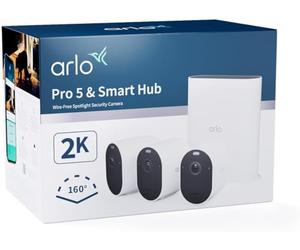 Arlo Pro 5 Camara de Vigilancia WiFi Exterior 2K + Smart Hub, Camara Vigilancia WiFi Interior, Sensor de Movimiento, Alarmas Para Casa, Visión Nocturna, Prueba Arlo Secure Incluida, 3 Cámaras, Blancas