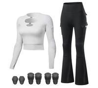 ARMAAN Conjunto Moto Mujer Con Protecciones CE - Top Ajustado Con Diseño Cut-out Y Pantalones Acampanados De Cintura Alta, Detalles Reflectantes Y Hebilla Metálica Para Conducción Urbana,White 1-EU M