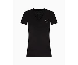 Armani Exchange Camiseta para Mujer Arte Sella, Logotipo Brillante, Cuello en V, Negro, S