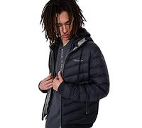 Armani Exchange Chaqueta Acolchada con Capucha y Cremallera, Logotipo de Milano/New York, Azul Marino/Gris Jaspeado, L para Hombre