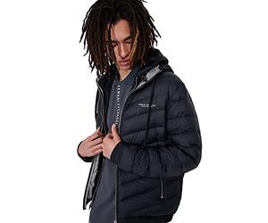 Armani Exchange Hooded Quilted Down Milano/New York Logo Zip Up Jacket Chaqueta, Azul Marino/Gris Jaspeado, M para Hombre