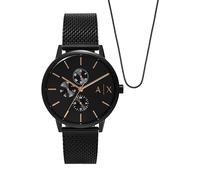 Armani Exchange Juego de Reloj y Collar multifunción de Acero Inoxidable Negro para Hombre, Color: (Modelo: AX7162SET), Negro -