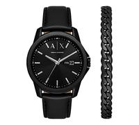 Armani Exchange Reloj para hombre Movimiento de cuarzo/3 agujas Day-Date Caja de 44 mm con correa de piel AX7147SET, Conjunto negro