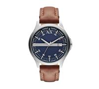 Armani Exchange Reloj para hombre, Movimiento de tres agujas con fecha, 46mm Caja de acero inoxidable plateado con correa de piel, AX2133, Marrón y azul