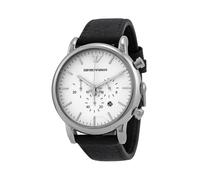 Emporio Armani Reloj Hombre, Movimiento cronógrafo de cuarzo, caja de 46mm Plata / Acero inoxidable con correa de piel, AR1807, Blanco hueso y tono plata