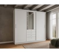 Vente-unique-Armario 2 Puertas correderas - Espejo y cajones - Largo 240cm - Blanco - BODIL