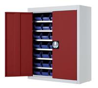 mauser Armario-almacén con cajas visualizables, H x A x P 820 x 680 x 280 mm, bicolor, cuerpo gris, puertas en rojo, 42 cajas