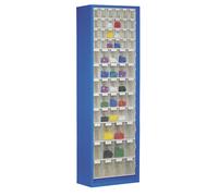 Armario-almacén de chapa de acero con 61 cajas plegables transparentes