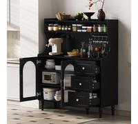 Armario alto con enchufes y cajones, armario de bar con soportes para copas de vino y espacio de almacenamiento, armario de cocina tipo buffet con estantes ajustables de capas, ideal para cocina y