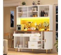Armario alto con iluminación LED, armario de almacenamiento con puertas correderas de cristal y sistema de estanterías de altura ajustable, aparador con estante para vino y almacenamiento modular, 145